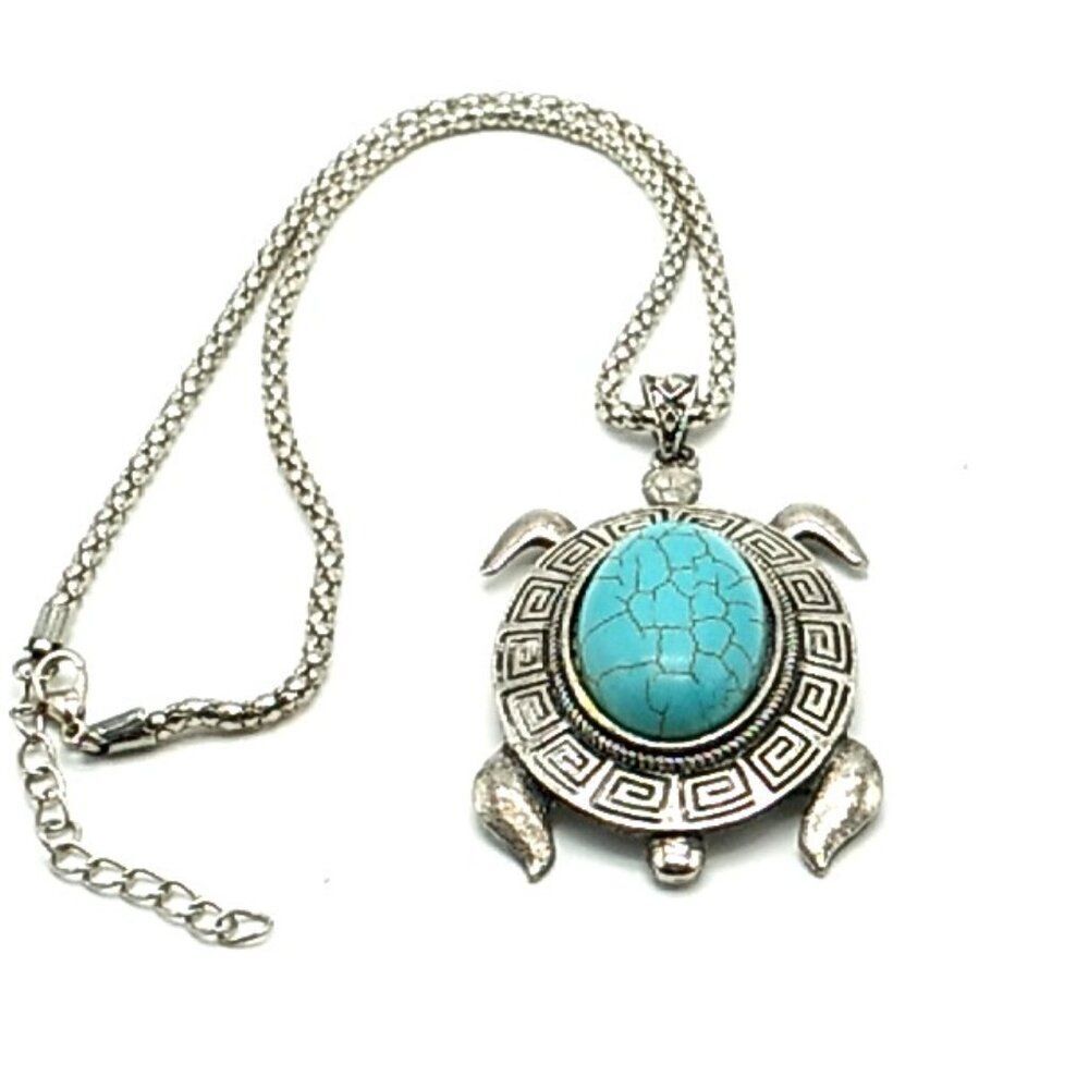 Vintage Silver-tone Turtle Pendant Turquoise-colored Stone Necklace